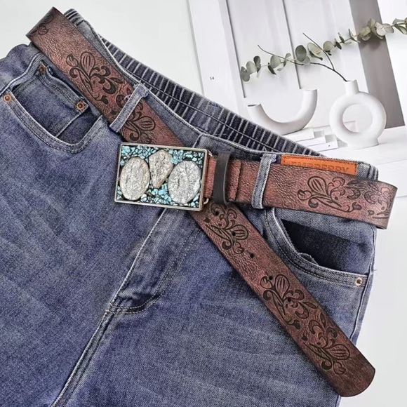 Pu Leather Boho Western Turquoise Gemstone Buckle Belt - Picture 5 of 6